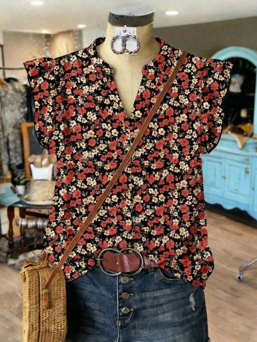 Camisa casual de mujer de manga corta con cuello en V, con estampado de rayas en un estilo minimalista, bohemio, elegante y romántico, retro, adecuado para festivales de música, playa, vacaciones de verano - Multicolor 9 - Ver 1
