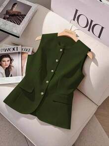 Camisa sin mangas de unicolor y estilo minimalista con botones para mujer - Verde Oliva - Ver 5