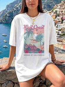 Camiseta de impresión gráfica Casual de la  oeste de la mujer, camiseta de cuello redondo de manga corta, perfecta para Streetwear de verano WN98 - Blanco - Ver 1