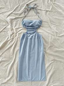Vestido largo con espalda calada y lazo, cuello drapeado, lazo en la cintura, abertura alta, adecuado para vacaciones, festivales de música, estilo bohemio, vacaciones, citas, té de la tarde - Celeste - Ver 5