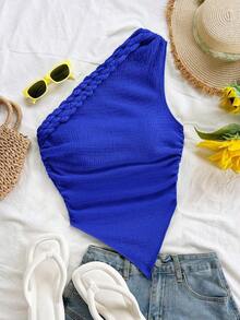 Blusa asimétrica del cuello para mujer para vacaciones de verano - azul real - Ver 3