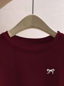 Camiseta casual de manga larga, cuello redondo, con estampado de lazo, color negro para mujer - Rojo - Ver 3