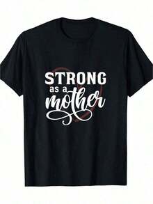 'Strong Like A Mom' Graphic T-Shirt - Tough Mom Weightlifting T-Shirt, Black With White And Red Print, Casual Crew Neck, Machine Washable, Comfortable Fit For All Seasons. - 黑色 - 查看 5