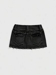 Grunge Punk Minifalda de mezclilla sexy de talle súper bajo con tachuelas y calavera vintage desgastada - Negro - Ver 2