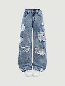 Girlism Jeans rectos y sueltos de mezclilla azul con agujeros rotos para adolescentes - Lavado ligero - Ver 6