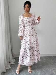Vestido largo con cuello cuadrado, mangas farol y estampado floral para mujer - Albaricoque - Ver 6