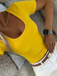 Camiseta de manga corta de unicolor casual para mujer, verano - Amarillo - Ver 2