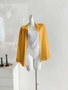 Camisa casual de manga larga, de un solo pecho, de unicolor y holgada para mujer - Amarillo - Ver 3