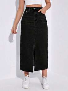 Falda vaquera larga casual con bolsillos y abertura lateral para mujer - Negro - Ver 6