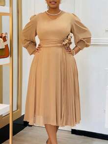 Vestido en corte A de color liso, elegante y con estilo, nueva llegada de primavera para tallas grandes - Caqui - Ver 3