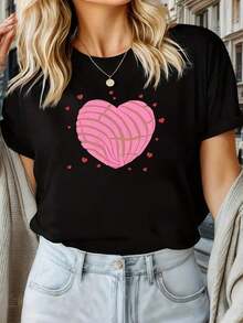 Camiseta Negra para Mujer con Corazón Rosa y Cuello Colorblock - Top Casual de Manga Corta y Cuello Redondo, Blusa Lavable a Máquina para Atuendos Casuales y Combinaciones, - Esencial para el Guardarropa - Negro - Ver 7