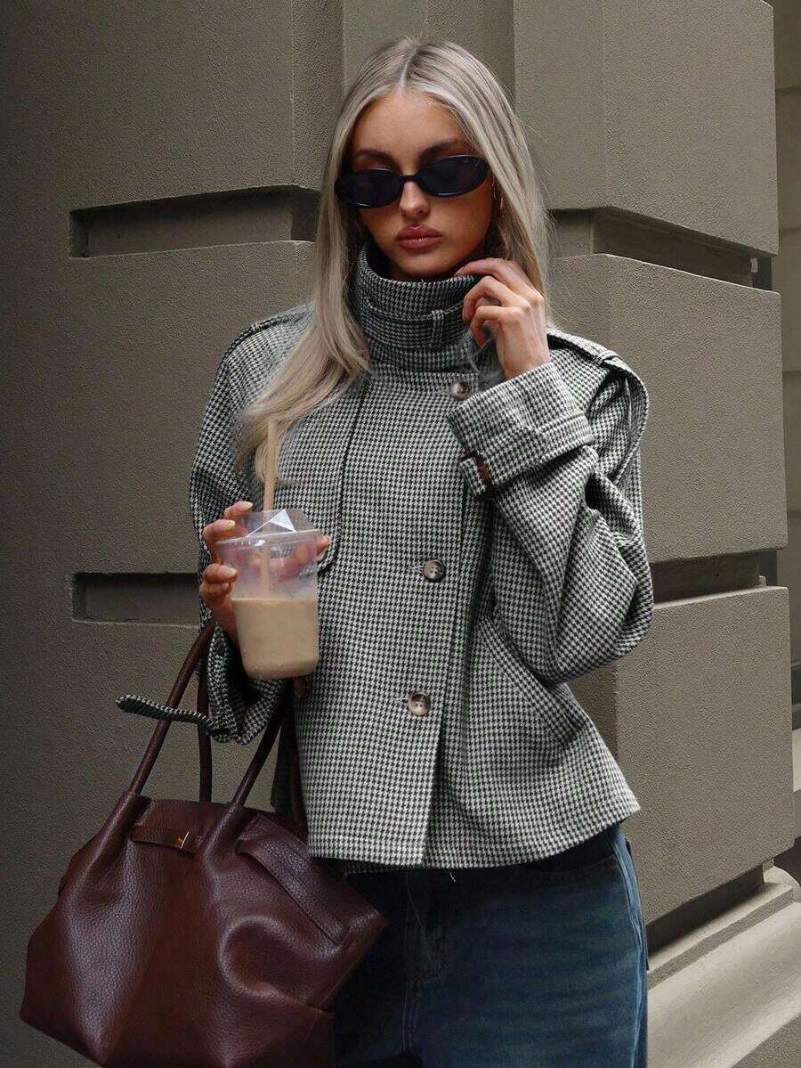 Chaqueta casual y holgada con estampado de pata de gallo para mujer - Blanco y Negro - Ver 1