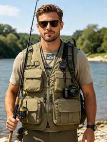 Men's Multi-Pocket Outdoor Utility Vest, Large Capacity Sleeveless Vest With Front & Back Pockets, Suitable For Fishing, Photography, Camping, Casual, Spring/Summer/Autumn/Winter, Khaki Sports - Khaki - View 8