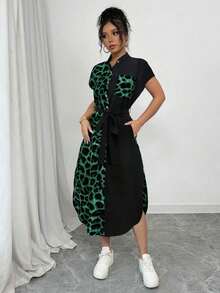 Vestido largo de manga corta para verano 2025, nuevo, con bolsillo, abertura lateral, cinturón y lazo, estampado de leopardo, para uso casual y de viaje - Verde - Ver 3