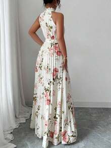 Vestido elegante y romántico sin mangas con cuello en V y bajo acampanado con estampado, multicolor, para mujeres - Multicolor 8 - Ver 8