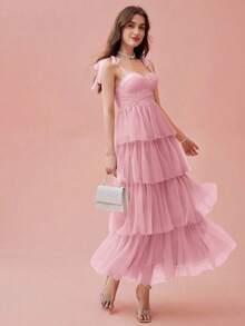 Vestido de mujer elegante de unicolor con tirantes de malla - Rosa - Ver 8