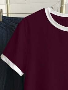Camiseta de mujer de manga corta con cuello redondo, bloque de color, bordado de corazón a rayas y versátil - Burdeos 2 - Ver 4