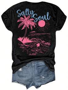 100% Cotton Women's T-Shirts 2026 With Letter And Beach Print, Round Neck T-Shirt, Casual Short Sleeve Top For Vacation, Korean Style Women's Clothing - Black - View 3