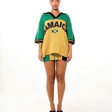 WOMEN Jamaican Flag Inspired Knitted Mini Skirt With Drawstring Waist Color Block Pattern Holiday Caribbean Theme, World Cup 2026 Sporty Chic Game Day Football Blokecore Streetwear Jersey - Multicolor - Ver 3