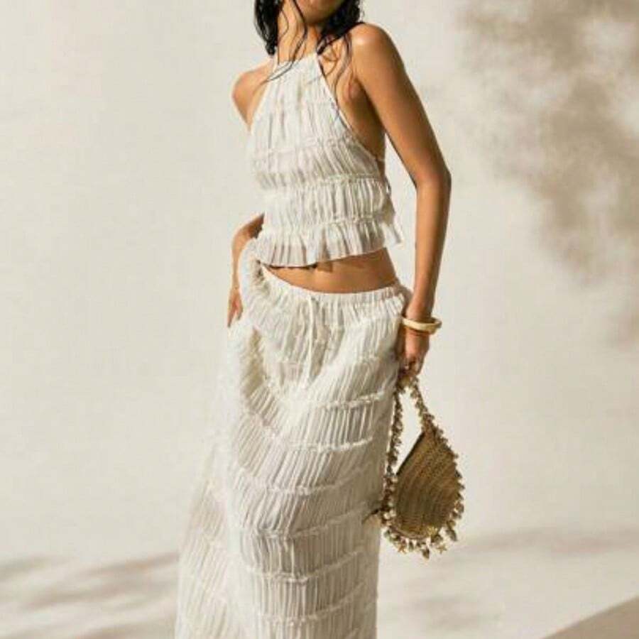Women's Vacation Outdoor Romantic Halter Backless Low Waist Skirt Set Beach Skirt Set Summer Skirt And Top Set Summer 2 Piece Sets Woman Beach 2 Piece Set 2 Piece Skirt Set - Beis - Ver 1