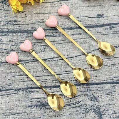 5pcs Set Of Premium Luxury 410 Stainless Steel Spoons, Heart-Shaped Ceramic Handles, Gold Plated, Decorated With Afternoon Tea And Dessert Scenes, Suitable For Cafes And Weddings, Ideal For Elegant Afternoon Tea And Travel