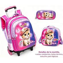 Set de 3 Piezas Mochila Escolar Infantil para Niños y Niñas, Mochila Escolar con Ruedas Opcional, Incluye Bolsa de Almuerzo Térmica y Estuche para Lápices, Diseño de Dibujos Animados de Astronauta Fútbol Gato Kawaii, Gran Capacidad Ergonómica, para Estudiantes de Primaria, Ideal para Regalo de Inicio de Clases - GX-3T-4-16-morado+l - Ver 5