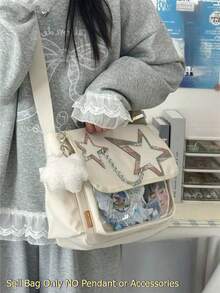 可爱痛包尼龙斜挎包，带透明窗口，可DIY徽章展示板，PVC透明口袋单肩包，可爱格子星星装饰和链条细节，动漫徽章展示，女生学生日常使用书包，演唱会粉丝手提包 - 白色 - 查看 6