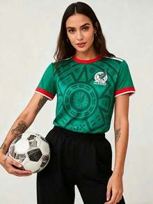 Camiseta de mujer de manga corta con cuello redondo en contraste, ajuste entallado, diseño deportivo con estampado de México y patrón gráfico, estilo casual deportivo, ideal para verano,Moda y camisetas premium - Colores mixtos - Ver 1