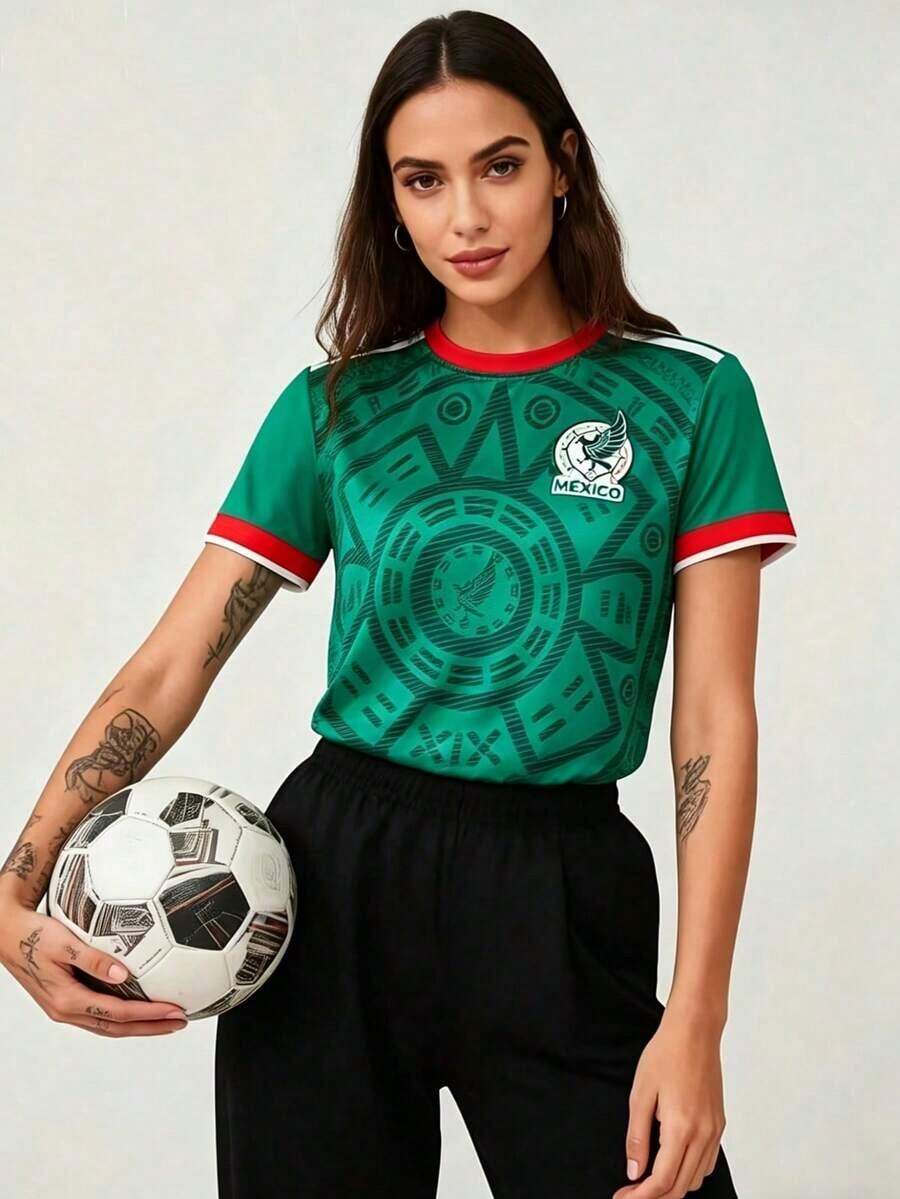 Camiseta de mujer de manga corta con cuello redondo en contraste, ajuste entallado, diseño deportivo con estampado de México y patrón gráfico, estilo casual deportivo, ideal para verano,Moda y camisetas premium - Colores mixtos - Ver 1