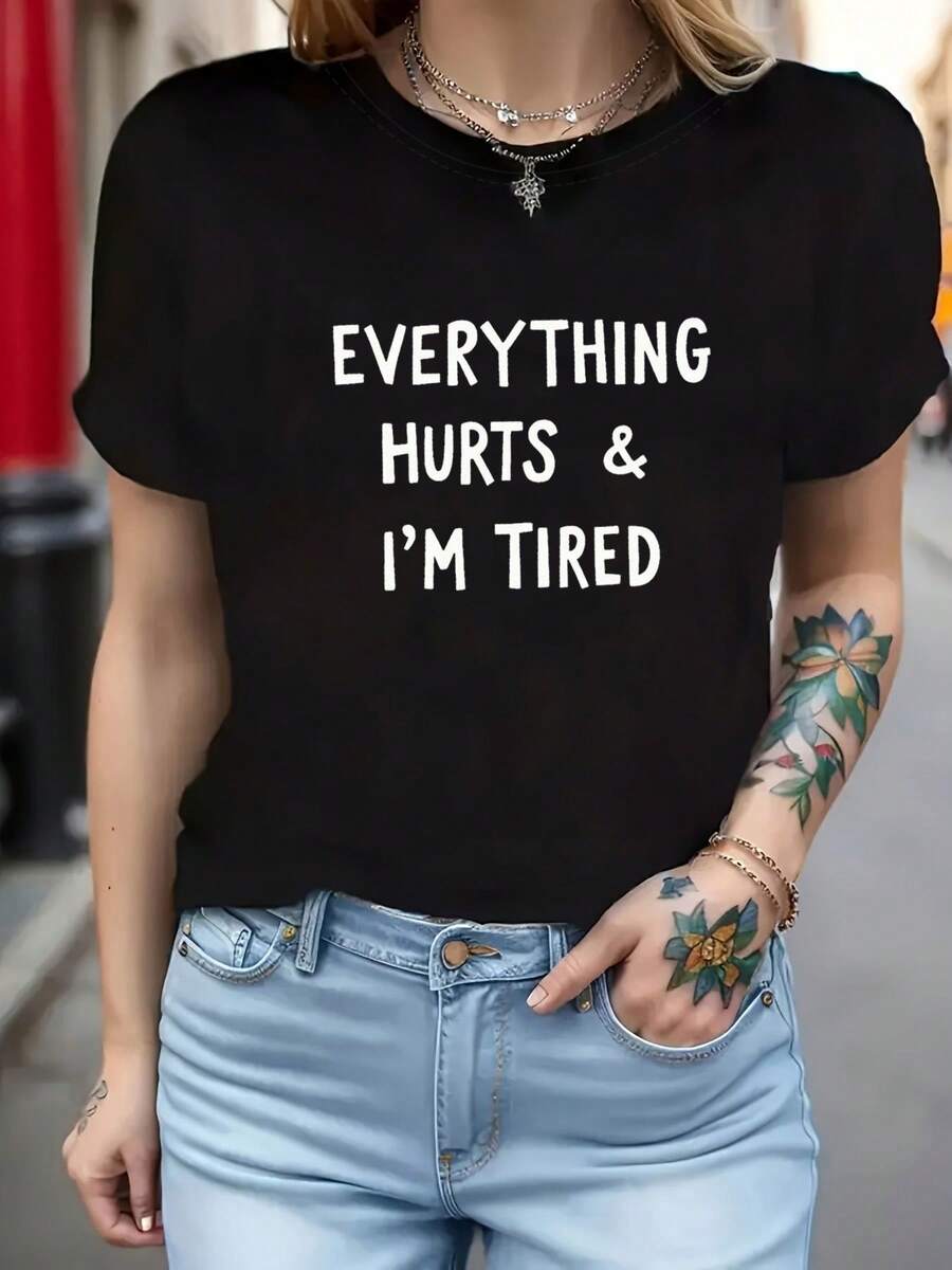 Plus Size - Women's Plus Size T-Shirt With Letter Print Saying 'Everything Hurts And I'm Tired', With Short Sleeves And Round Neck, Perfect For Casual Wear In Spring And Summer. - 黑色 - 查看 1