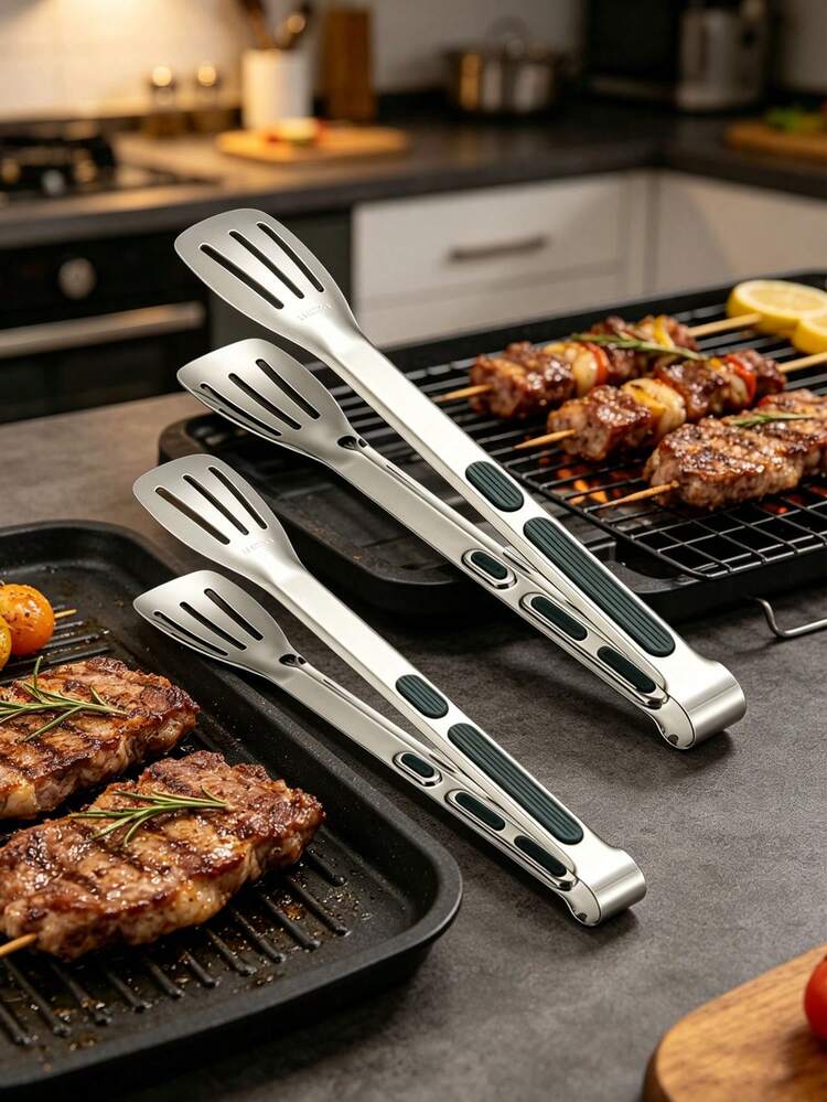 2pcs Multifunctional Kitchen Tools, 304 Stainless Steel Food Tongs, Heat Resistant, Non-Slip, Suitable For Barbecue, Salad, Meat Serving - Durable, Ergonomic, Easy To Clean, Essential Outdoor Grilling Accessories - Silver - View 2