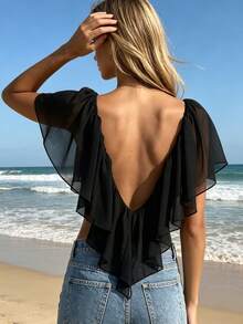 Women T-Shirt, Short Sleeve V Neck Backless Ruffled Ladies Crop Top Summer Tops For Party Club - Negro - Ver 2