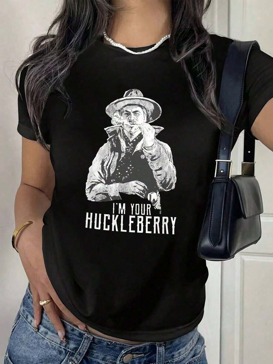 MinimalistCamiseta Retro de Algodón Puro Soy Tu Huckleberry - Negra de Manga Corta y Cuello Redondo, Diseño Inspirado en Películas de Arte Minimalista, Estilo Occidental Único para Otoño y VeranoWomen's Simple Solid Color T-shirt, Loose and Slim Fit Casual Short Sleeve - Negro - Ver 1