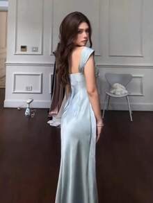 Nueva Llegada Vestido Largo Sin Tirantes Escote Corazón Espalda Descubierta con Pedrería - Azul - Ver 3