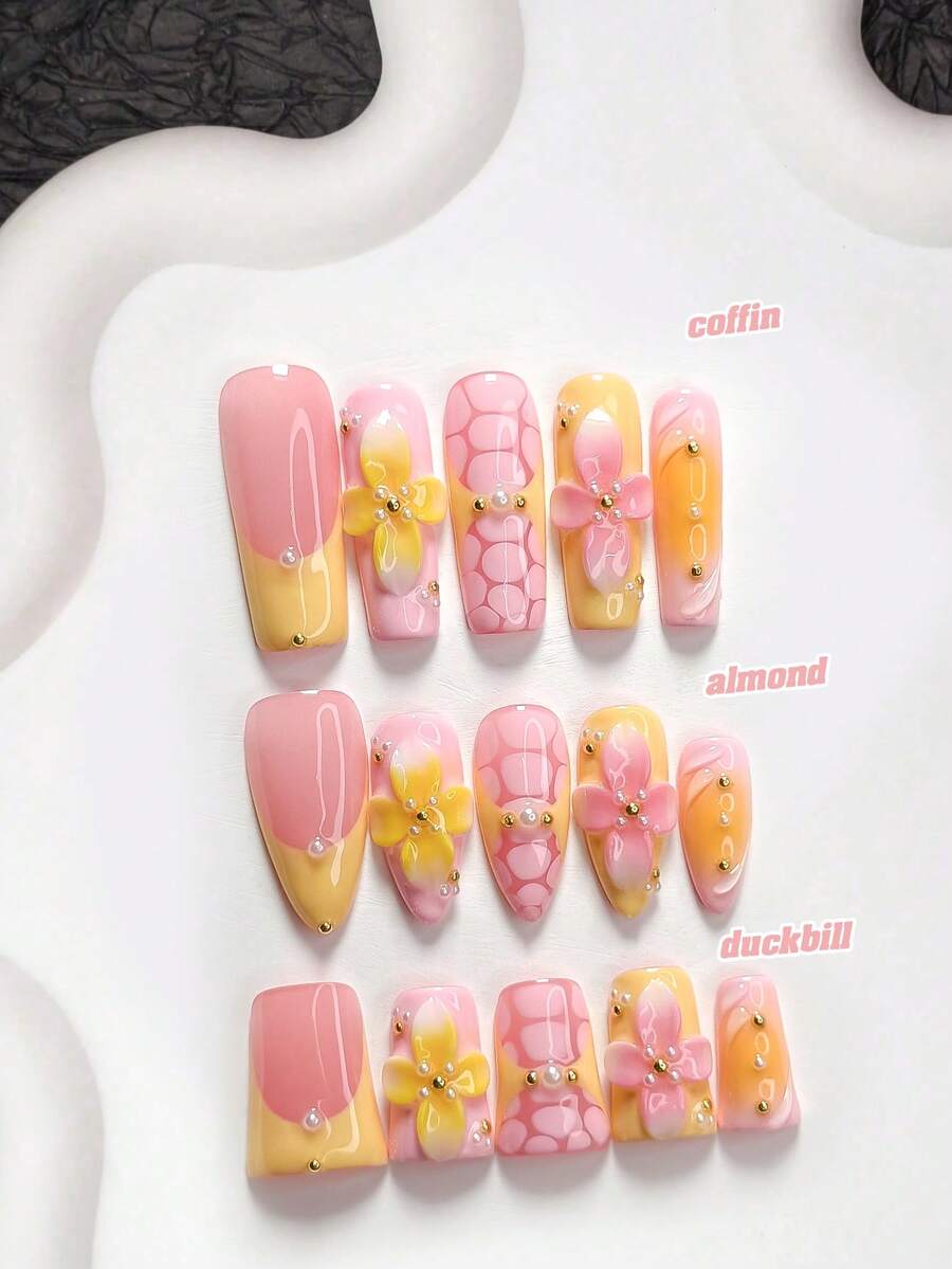 10片裝極簡手工穿戴甲,Polygel美甲套組,手工四瓣花裝飾,亮粉色與亮黃色指甲油,活力風格,含美甲工具,3種尺寸可選:杏仁形、鴨嘴形、棺材形,適合派對、跳舞、日常配戴 - 彩色 - 查看 1