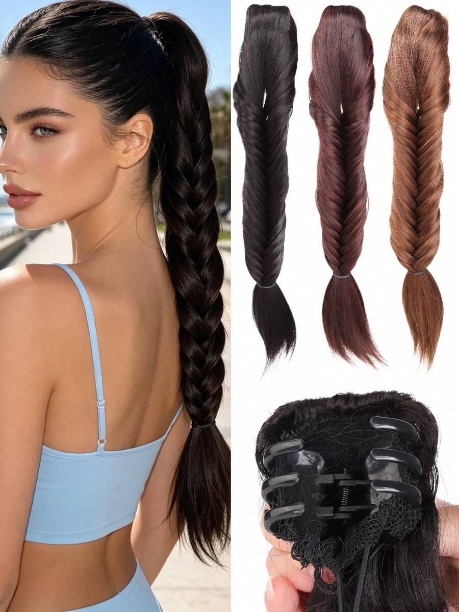 16 Inch Synthetic Fishbone Ponytail Wig, Women's Braided Clip On Ponytail, Suitable For Daily Party Wear - Multicolor - View 1