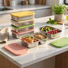 304 Stainless Steel Food Container, Stackable Refrigerator Sealed Fresh-Keeping Box, Fruit And Vegetable Meat Storage Box With Lid, Large Capacity Food Preservation Box, Suitable For Kitchen Food Storage And Organization - Multicolor - View 2