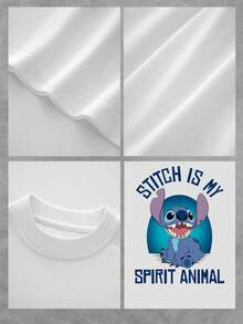 Gráfico que muestra a un tierno personaje extraterrestre azul sonriendo bajo una luna brillante simbolizando amistad alegría e individualidad camiseta de mujer  casual cómoda para uso diario - Blanco - Ver 4