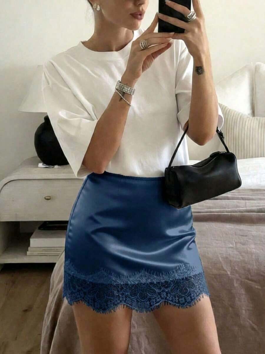 Falda evasé con estampado de leopardo y encaje en contraste para mujer - Agua verde azul - Ver 1