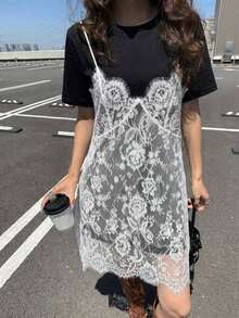 Vestido de verano de mujer de 2 en 1 con parches de encaje sin mangas y de manga corta - Blanco y Negro - Ver 6