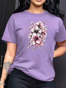 Women's Graphic T-Shirt, Short Sleeve, Round Neck, Basic, Comfortable, Cool, Lightweight, Modern, Youthful, Feminine, Floral Print, Lily, Leaves, 3D - 紫丁香 - 查看 4