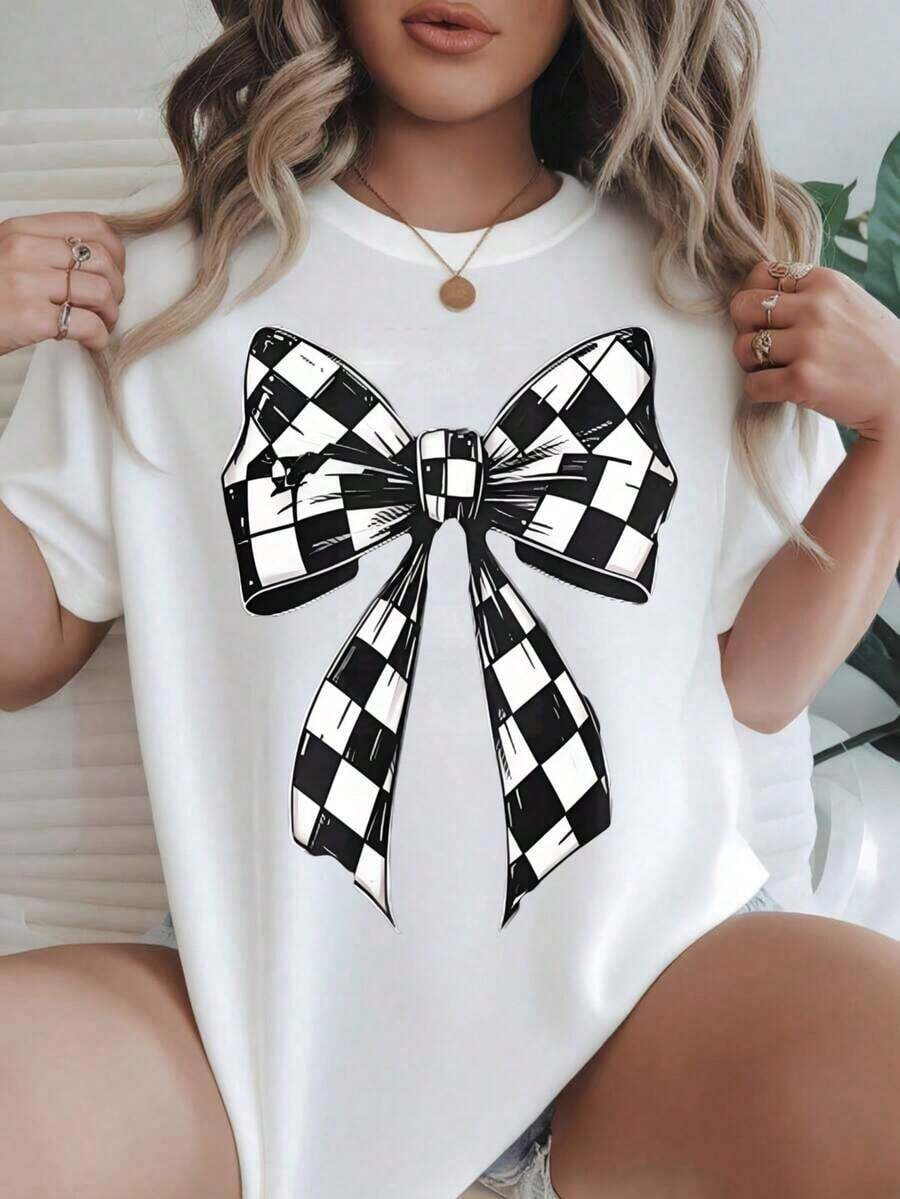 Women's Vintage Style Short Sleeve Casual T-Shirt - Summer Blouse With Round Neck And Black And White Check Pattern, Machine Washable, Ladies' T-Shirts, Casual Wear, Modern Style, Comfortable Fit
BlackFashion - 白色 - 查看 1