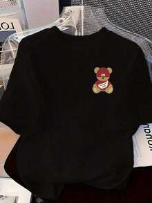Camisetas de manga corta de talla grande para mujer, ideales para el verano, tops básicos para el día a día, camiseta estampada de manga corta con diseños en la parte delantera y trasera - Oso Mágico, estilo de dibujos animados - Camiseta estampada de primavera/verano para mujer, artículo de moda, versátil y casual, transpirable y cómoda. - Negro - Ver 3