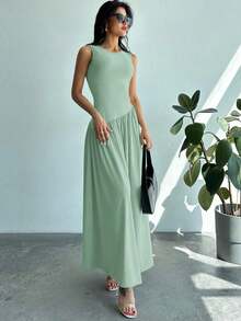 Vestido largo de mujer sin mangas, cuello redondo, cintura fruncida, unicolor, estilo minimalista - Verde - Ver 3