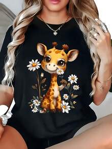 Camiseta casual negra para mujer con un lindo estampado de jirafa, mangas cortas, cuello redondo y estampado floral de margaritas. Es elástico, lavable a máquina y perfecto como regalo para el Día de San Valentín, Navidad o el Día del Padre, disponible en tallas grandes. - Negro - Ver 6
