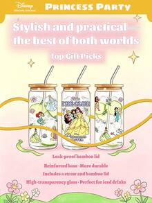 [Sản phẩm được cấp phép chính thức] Ly thủy tinh hình lon bia Công chúa Disney 16oz kèm nắp tre và ống hút - Ariel, Belle, Rapunzel, Jasmine, Tiana, Moana, Cinderella, ly cà phê đá, đồ uống hình lon bia cổ tích, quà tặng cho phụ nữ và bé gái - Nhiều màu - Xem 9