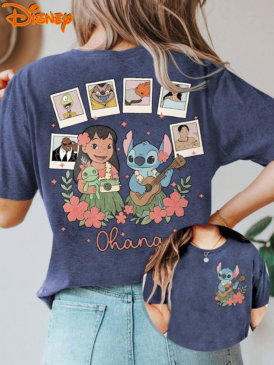 Disney Women'S Retro Cartoon Short Sleeve T-Shirt | Stitch Holding Doll And Guitar, Double-Sided Print, Crew Neck, Casual Style, Perfect For Spring, Summer, And Autumn, Sizes S-Xxl - 藏蓝色 - 查看 1