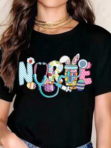 Vintage White T-Shirt With Stethoscope, Easter Egg And Medical Accessories Print For Nurses And Healthcare Workers Celebrating Easter. - 黑色 - 查看 6