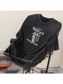 Camiseta de hombre de algodón 100% de 230g, estilo vintage lavado, con diseño desgastado, de marca de moda, de manga corta - Corte holgado informal de verano, estilo americano, cuello redondo, talla grande, camiseta versátil de moda para hombre, camiseta deportiva informal para hombre. - Negro - Ver 1