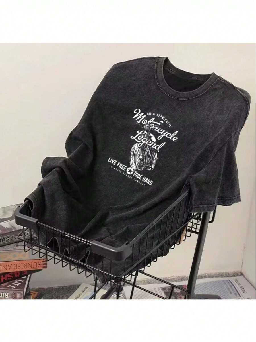 Camiseta de hombre de algodón 100% de 230g, estilo vintage lavado, con diseño desgastado, de marca de moda, de manga corta - Corte holgado informal de verano, estilo americano, cuello redondo, talla grande, camiseta versátil de moda para hombre, camiseta deportiva informal para hombre. - Negro - Ver 1